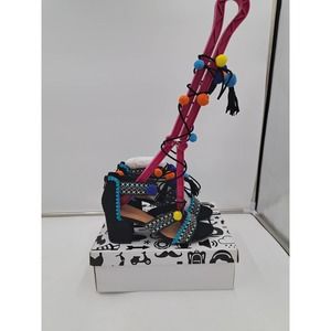 NIB Bamboo Boho Festival Black Low Block Heel Pom Pom lace up leg 7.5